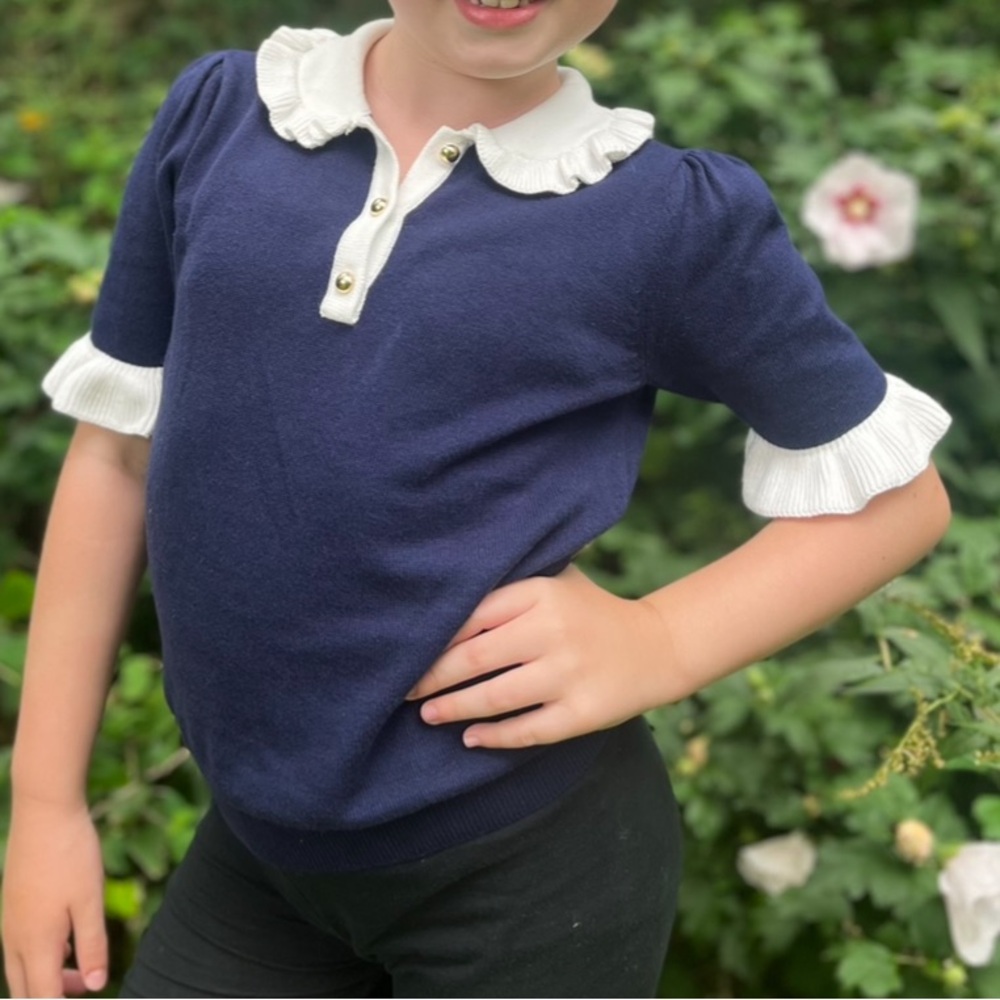 Janie and Jack soft knit navy and white ruffle top size 8